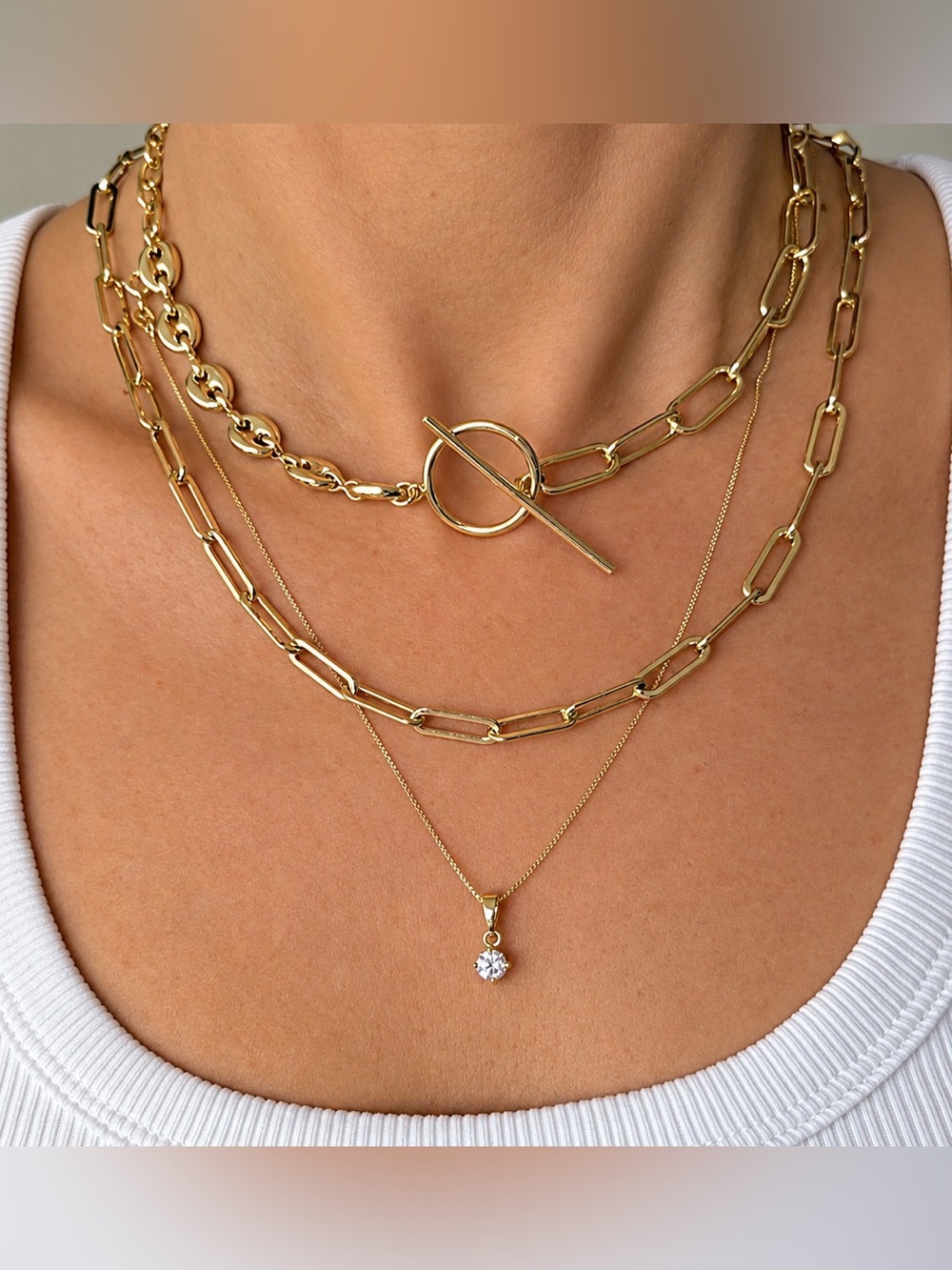 Mixed Coffee Bean & Paperclip Link Toggle Necklace | 14K Gold Plated Layered - Picture 4 of 7